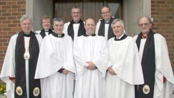 Pictured at a Service of Commission in the Church of the Epiphany, Finaghy on May 11 are, from left: The Very Rev John Bond (Dean of Connor), the Rev Nicholas Dark (rector, Magheragall), Mr Nigel Adams, the Rev Garth Bunting (rector, Upper Malone), Mr Victor Stephens (Upper Malone Parish), the Rev Peter McDowell (rector, Ballywillan), Mr Alan Devers (Ballywillan Parish, Portrush), and the Rev Canon George Irwin (Warden of Readers). 